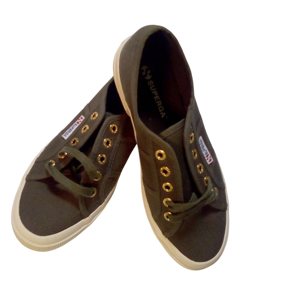 SUPERGA Size USA 6 Olive Green Canvas Lace Up Sneakers With Gold Eyelets NWOB - Picture 1 of 11